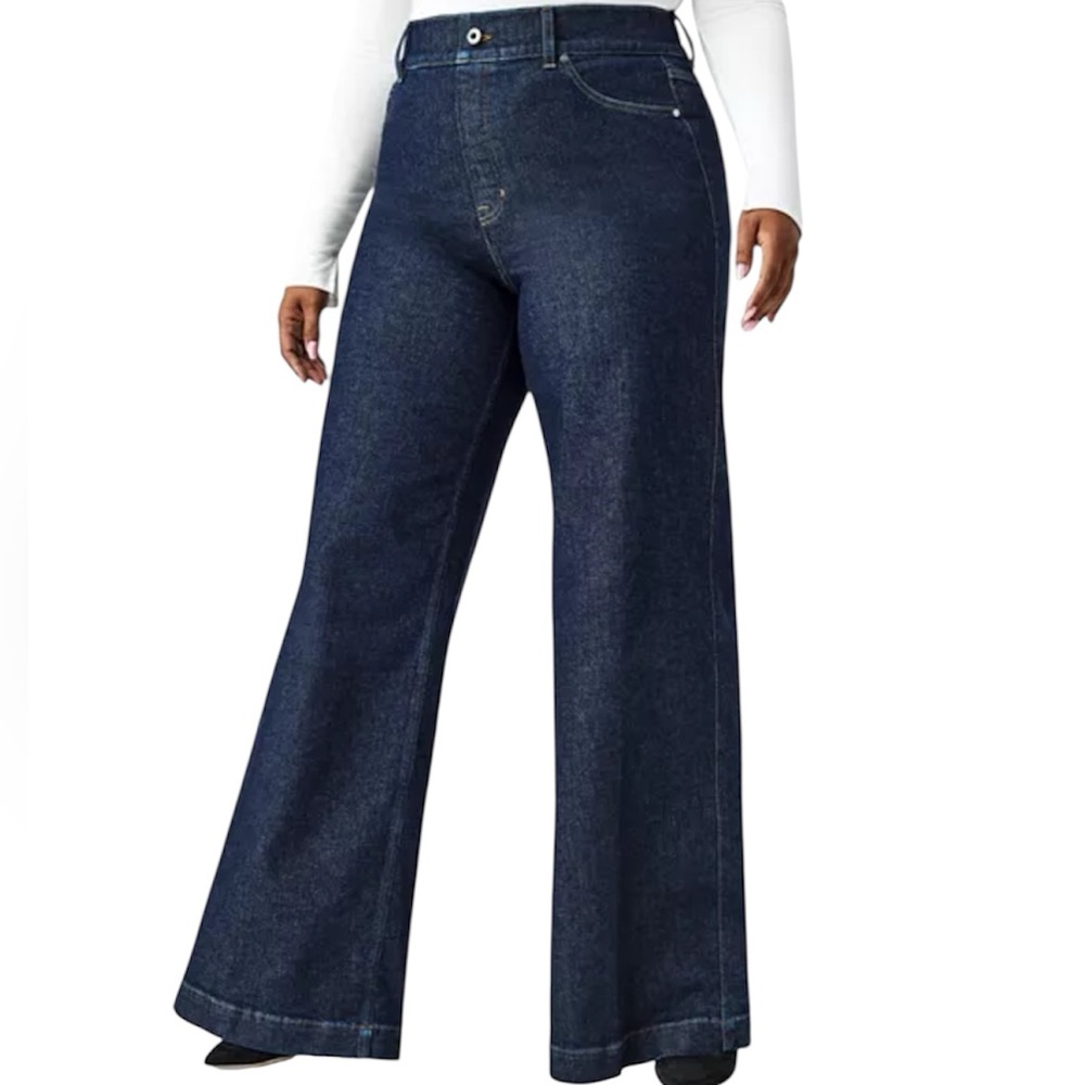 Spanx wide leg raw dark indigo wash pull on jeans f women’s size XL NWT